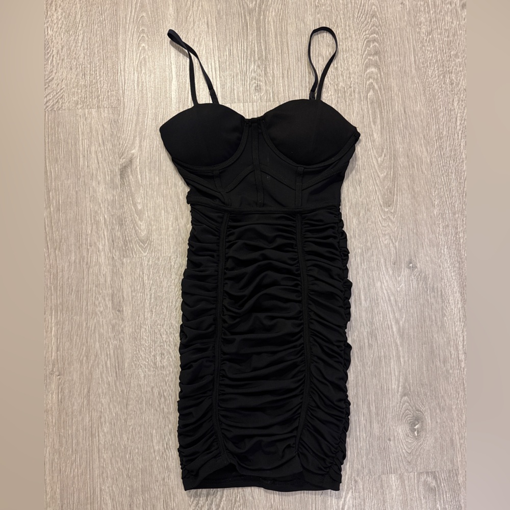 Revamped Black Ruched Mini Dress